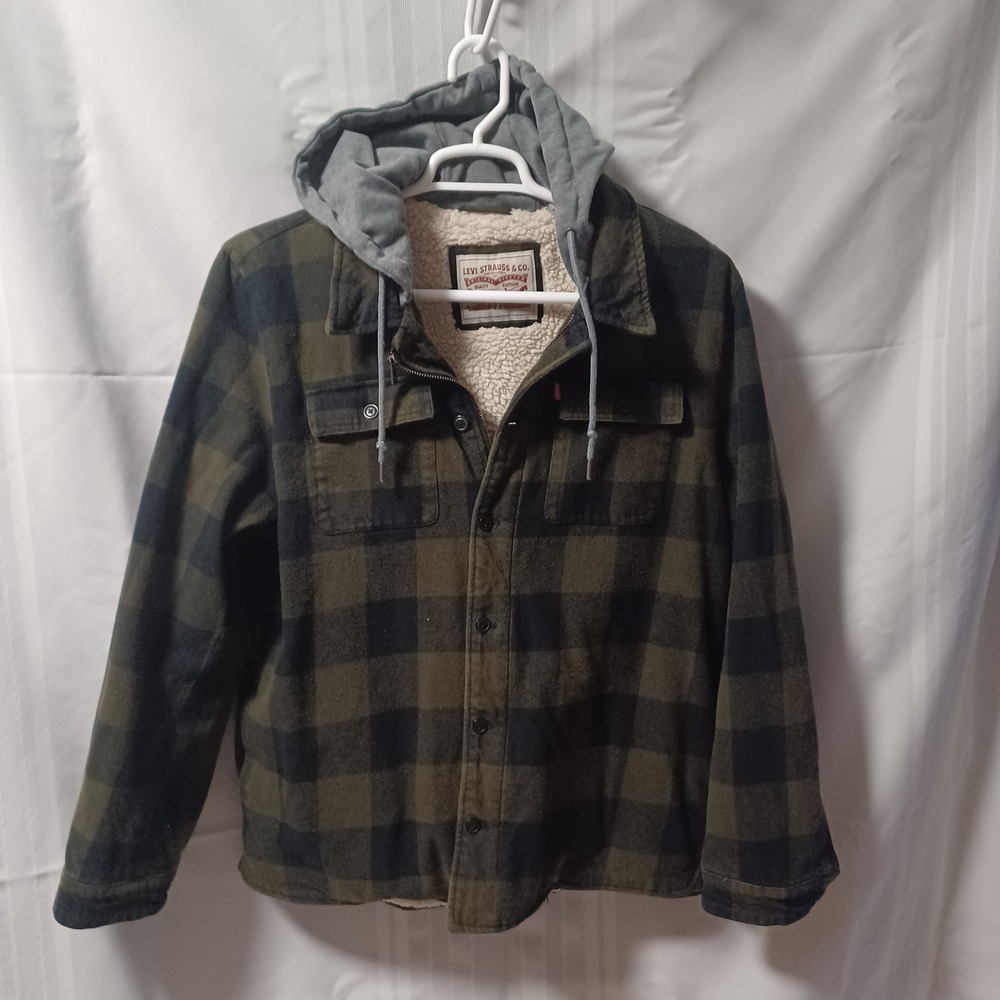 Levi's Shirt Jacket Mens XL Green Buffalo Plaid Sherpa Lined Hooded Flan Shacket - Picture 1 of 15
